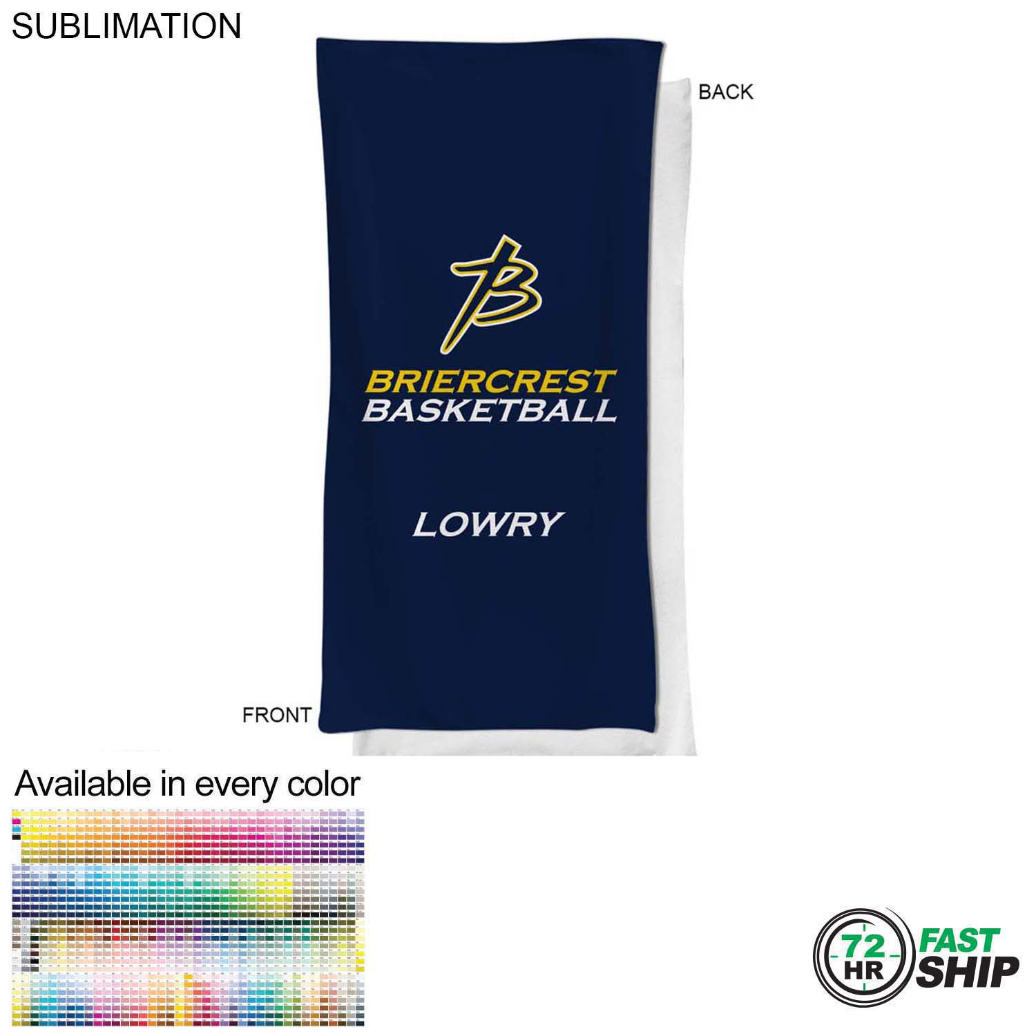 72 Hr Fast Ship - Team Towel in Microfiber Dri-Lite Terry, 20x40, Sublimated bench, neck towel 8