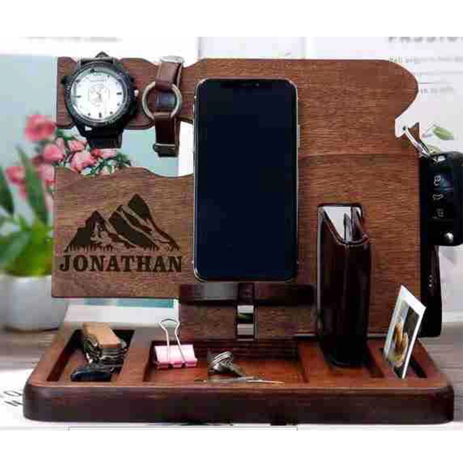 Wood Phone Docking Station Key /Wallet/Watch Organizer 1