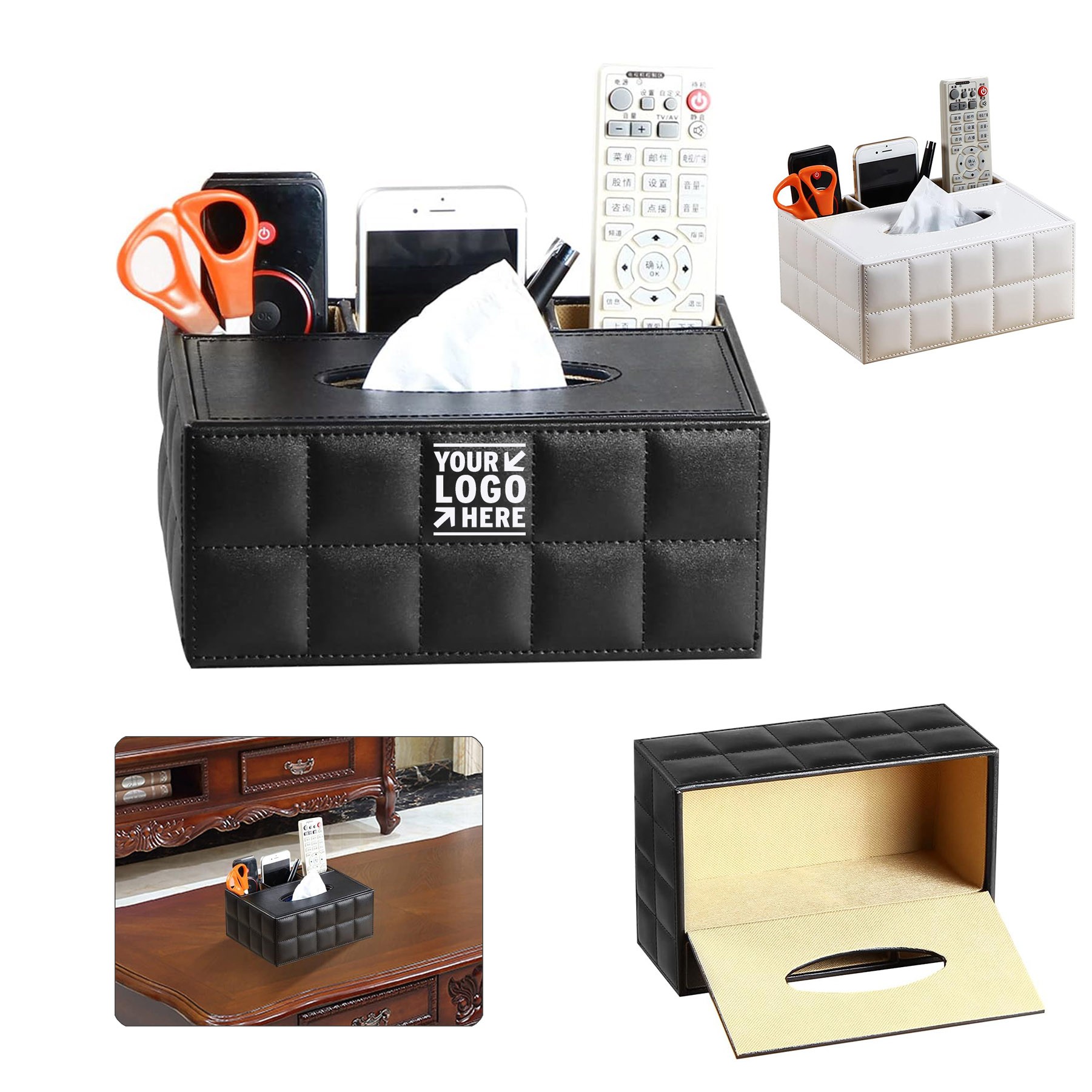 PU Leather Multifunction Rectangular Tissue Box Cover Remote Control Caddy Desk Storage Organizer 3