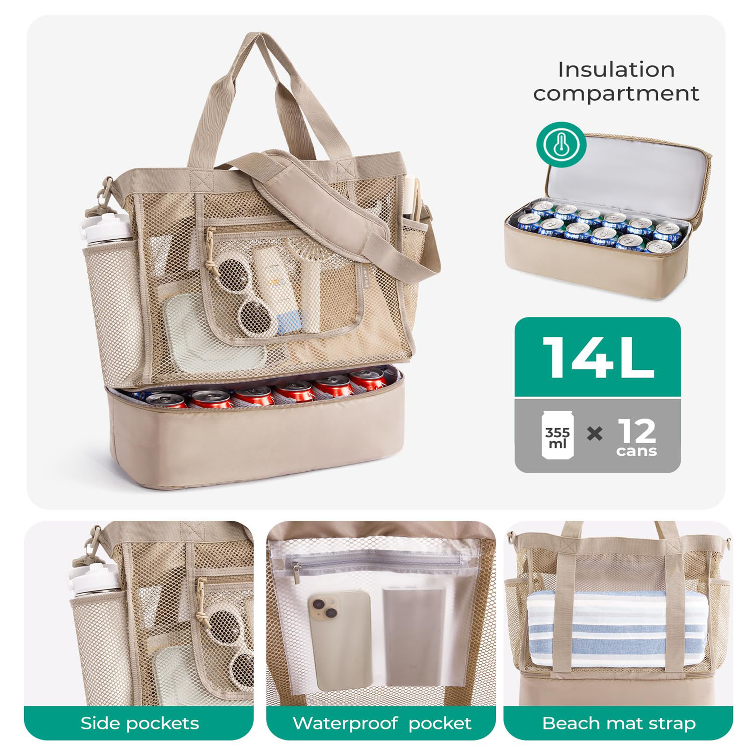 14L Cooler Compartment Nylon Mesh Beach Tote Bag 8