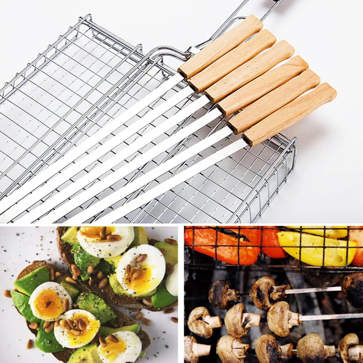 8-Piece Wooden Stainless Steel BBQ Forks Skewers Set w/ Bag 4
