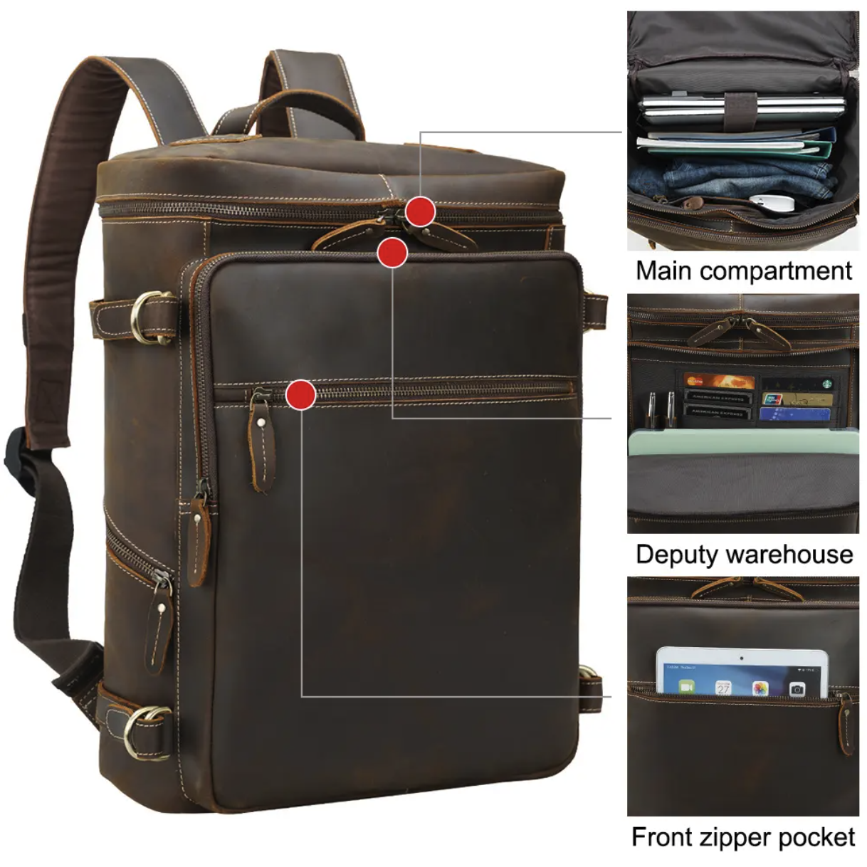 Large Capacity Men's Crazy Horse Leather 15.6 Inch Backpack 3