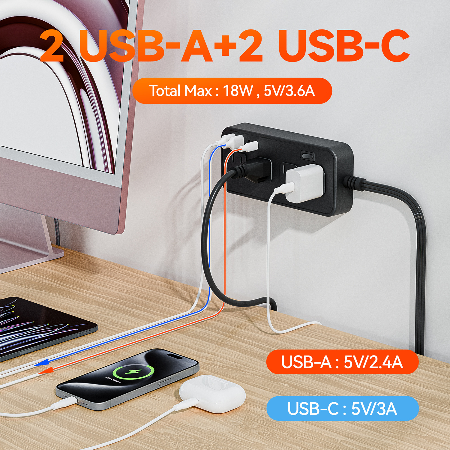 12 in 1 Surge Protector Flat Power Strip 5ft Extension Plug 7