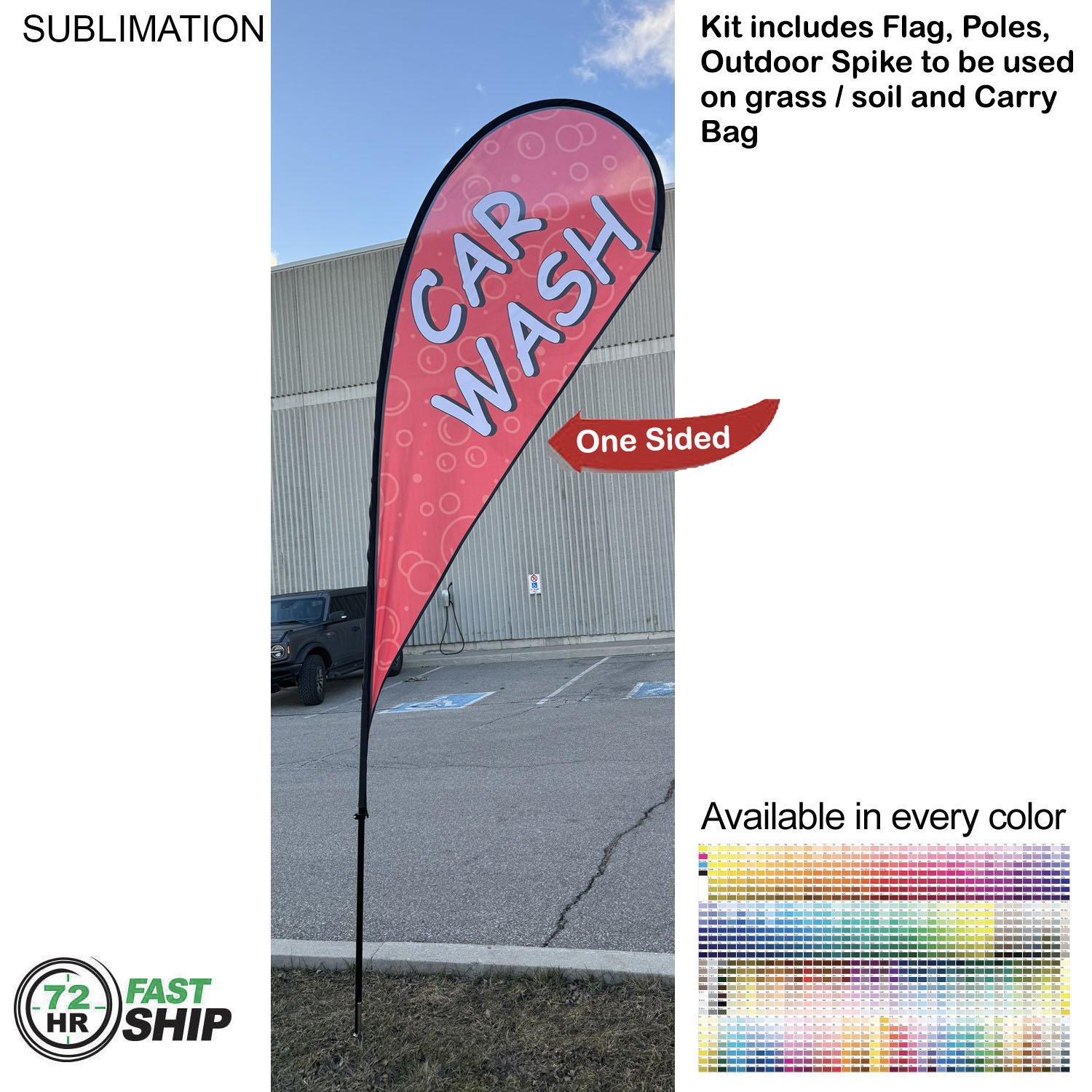 72 Hr Fast Ship - 12' Medium Tear Drop Flag Kit, Full Color Graphics One Side, Spike and Bag. 4