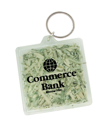 USA Made, Square Shaped Key Tag filled with Shredded Genuine US Currency 1