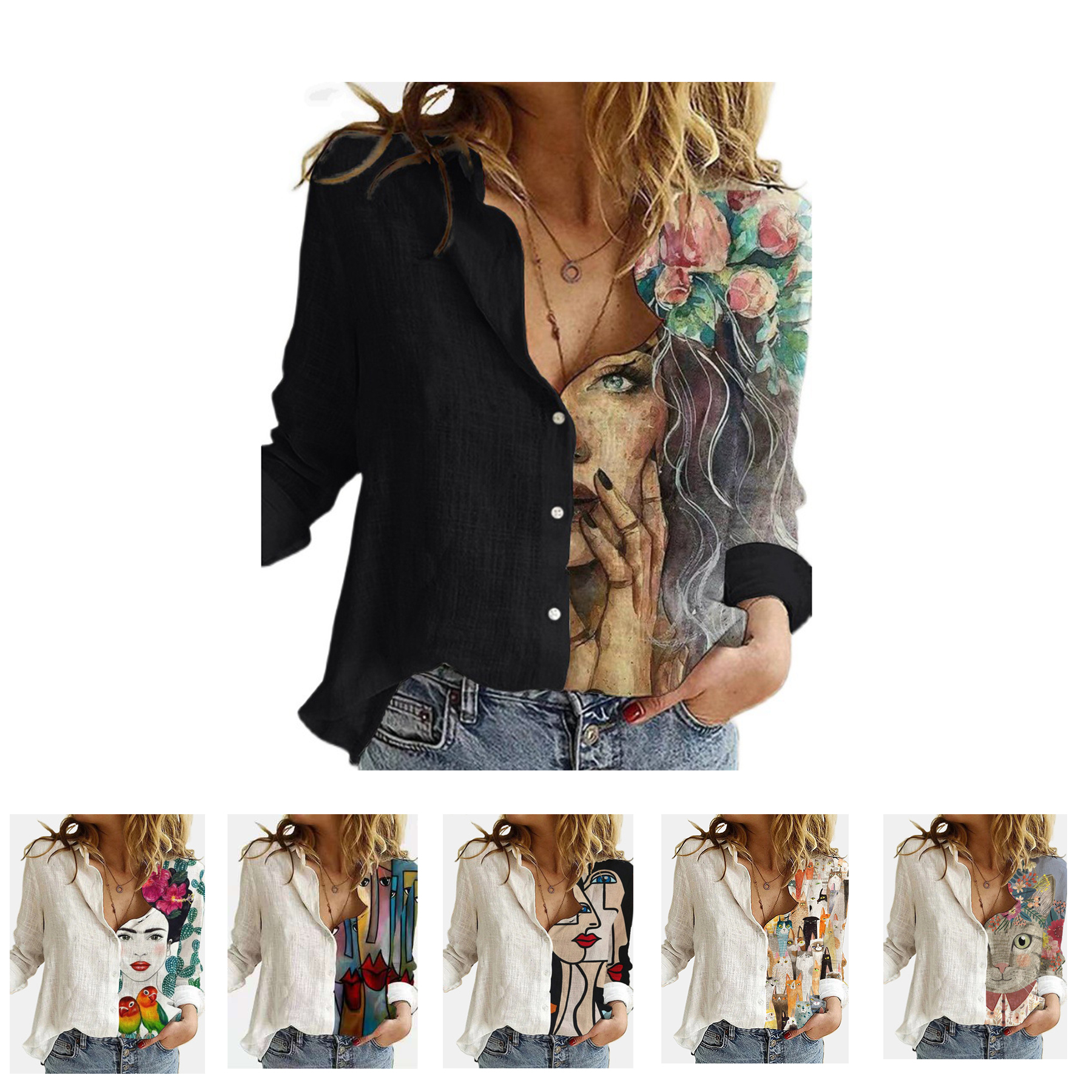 Womens V Neck Printed Long-sleeved Shirt 1