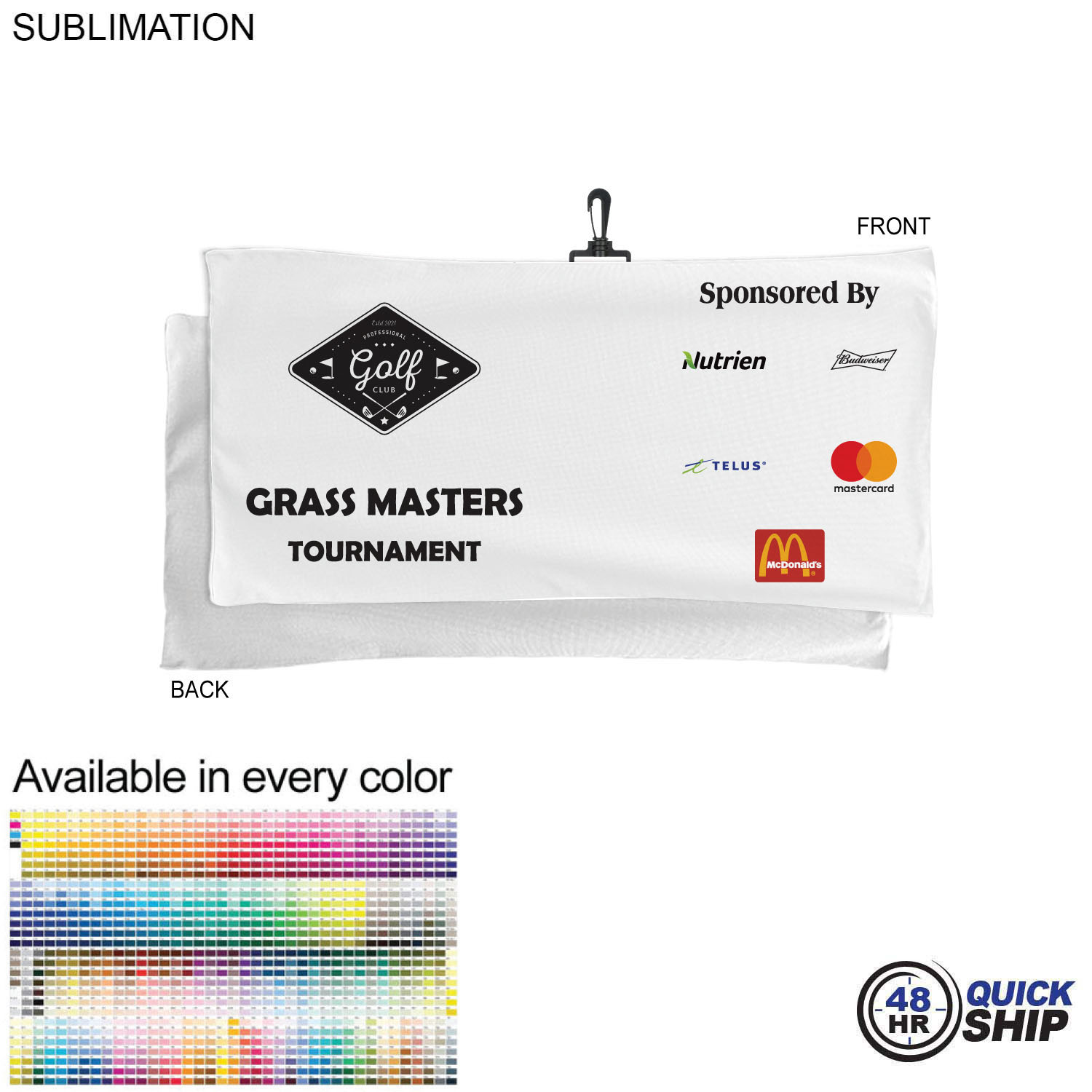 48 Hr Quick Ship - Oversized Golf Towel in Microfiber Terry, 22x44, with Black Hook, Sublimated 5