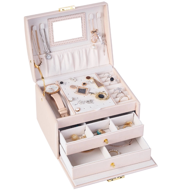 Custom 3-Layer PU Jewelry Organizer Box with Mirror / Hook 12