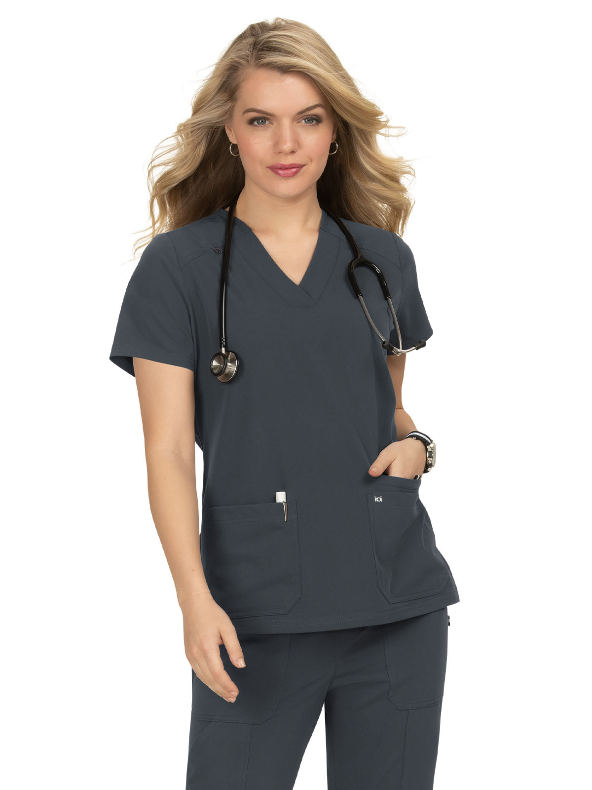 koi - Next Gen - Women's Three-Pocket Wide V-Neck Stretch Hustle and Heart Top 67