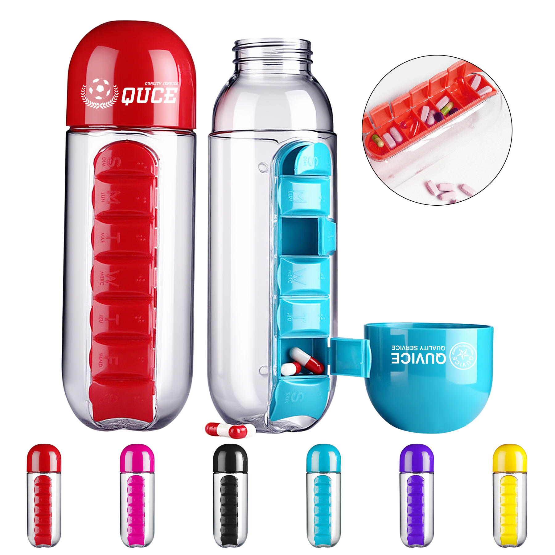 20 OZ Portable 7-Day 2-In-1 Plastic Pill Case With Water Bottle 7