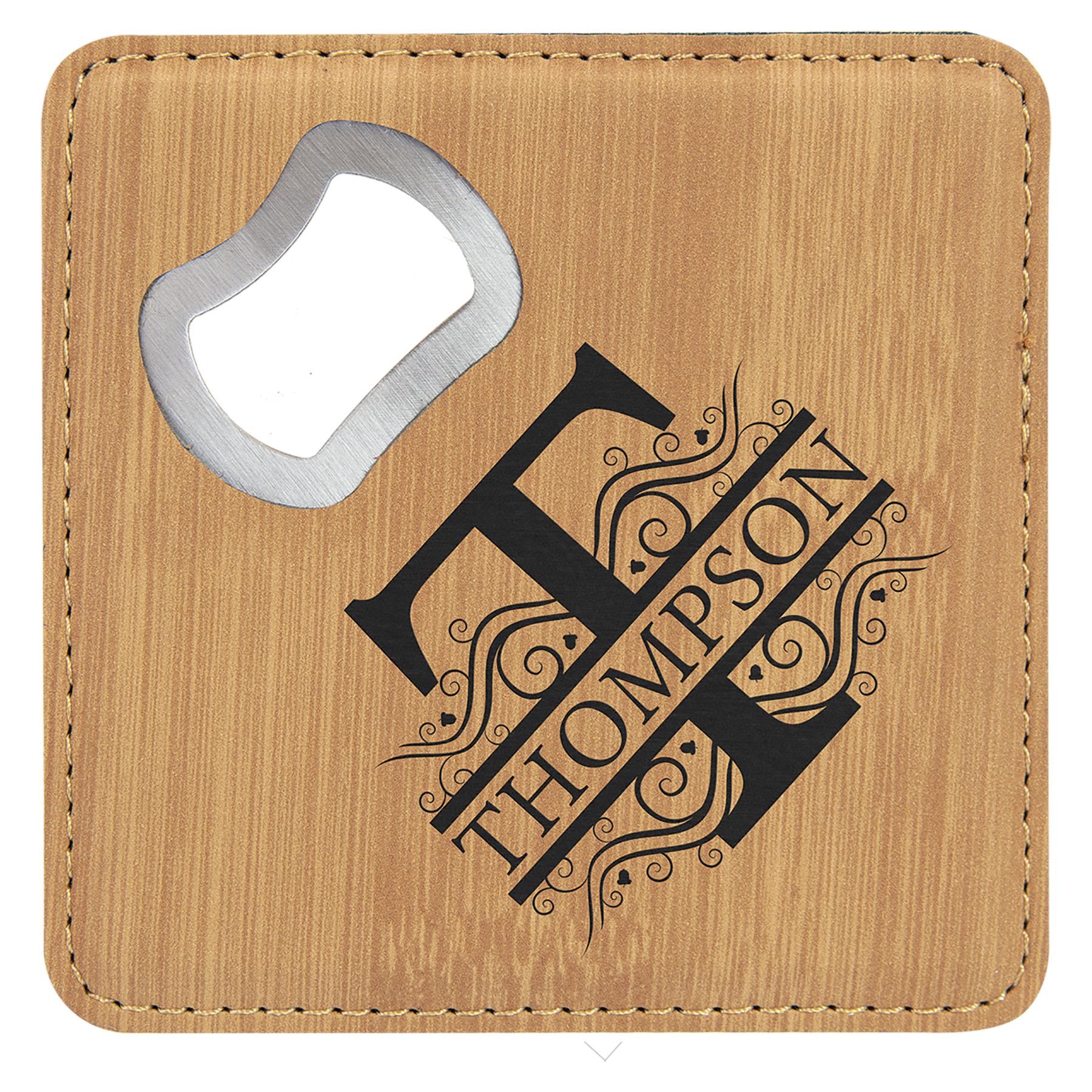 4" x 4" Square Bamboo Leatherette Coaster w/ Bottle Opener