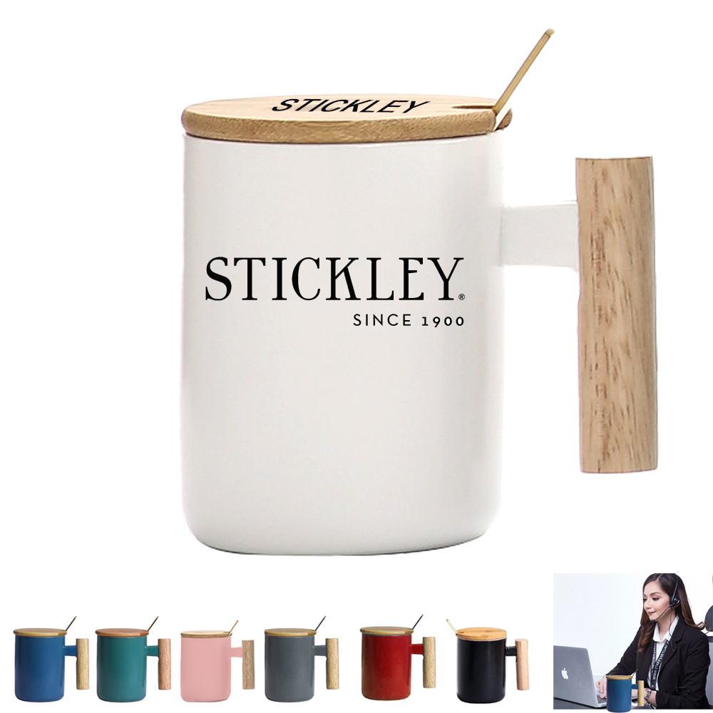 Nordic Ceramic Mug with Bamboo Lid, Wood Handle & Spoon 1