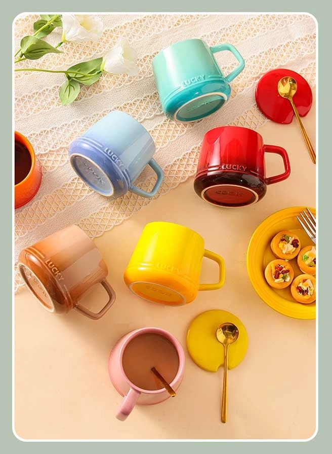 12OZ Colorful Ceramic Mug Cup and Saucer Set with Lid Spoon 11