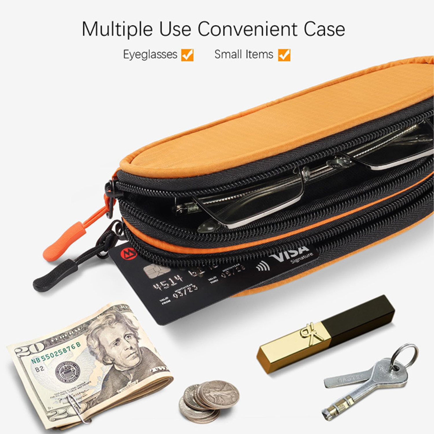 Nylon Double Layer Zipper Eyeglass Storage Bag w/ Carabiner 2