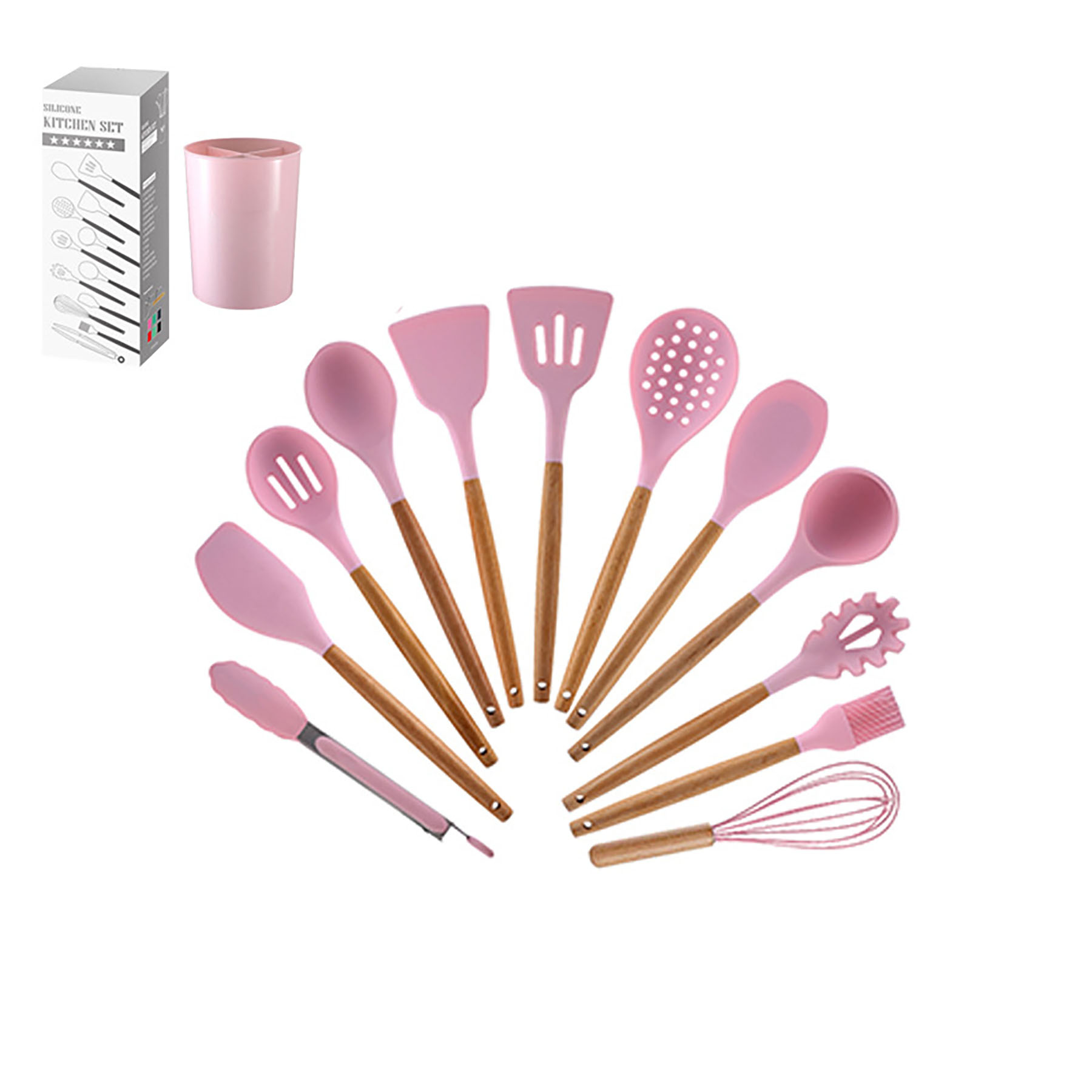 12 Pcs Non-stick Silicone Cooking Kitchen Utensils Spatula Set w/ Holder Wooden Handles 13