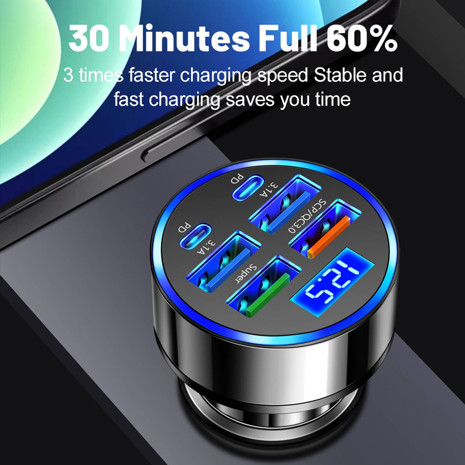 iPhone/Android/ipad Six-In-One Digital Display Car Charger 1
