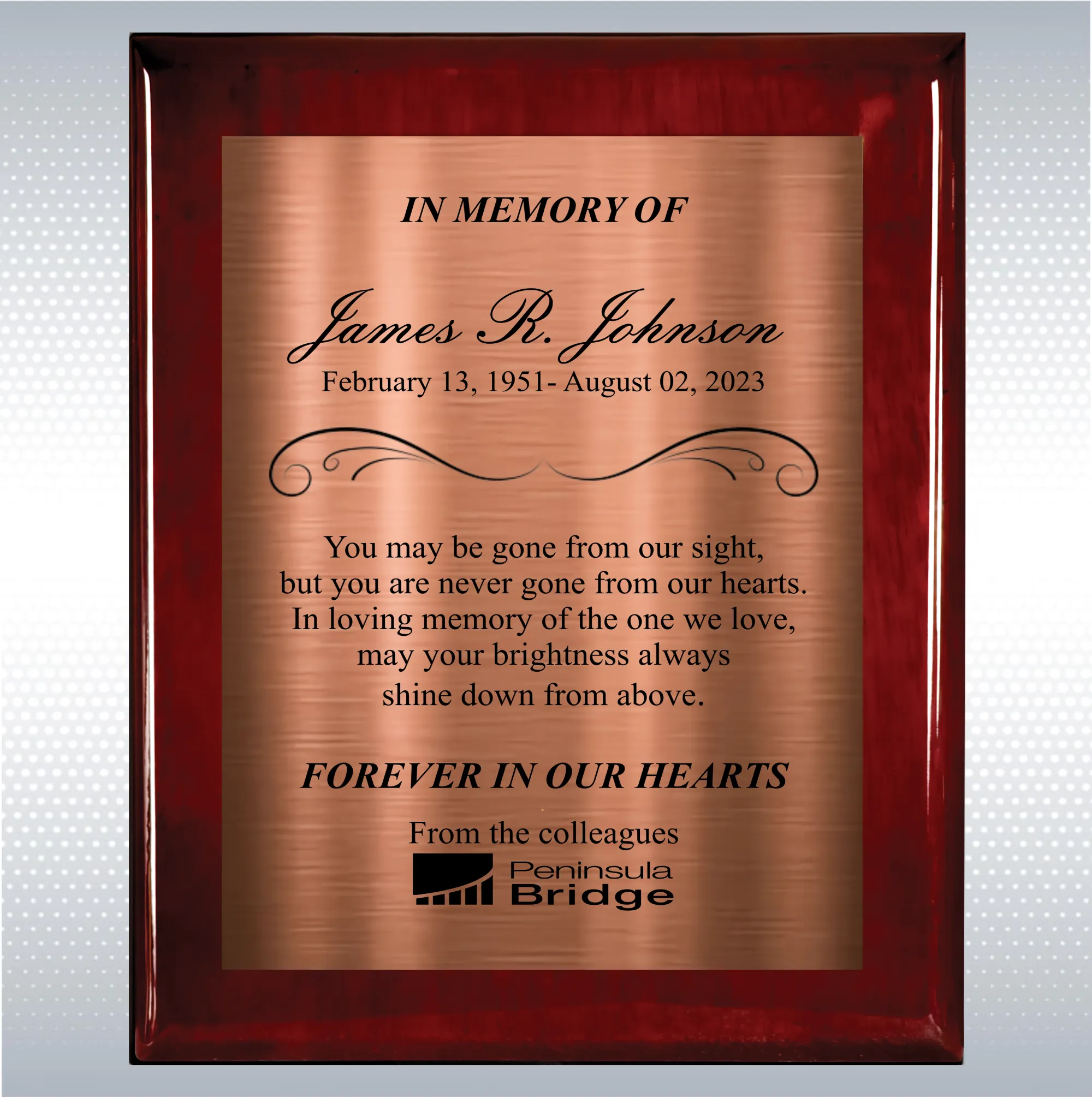 Rosewood Piano Finish Wood Personalized Memorial Plaque Gift 12