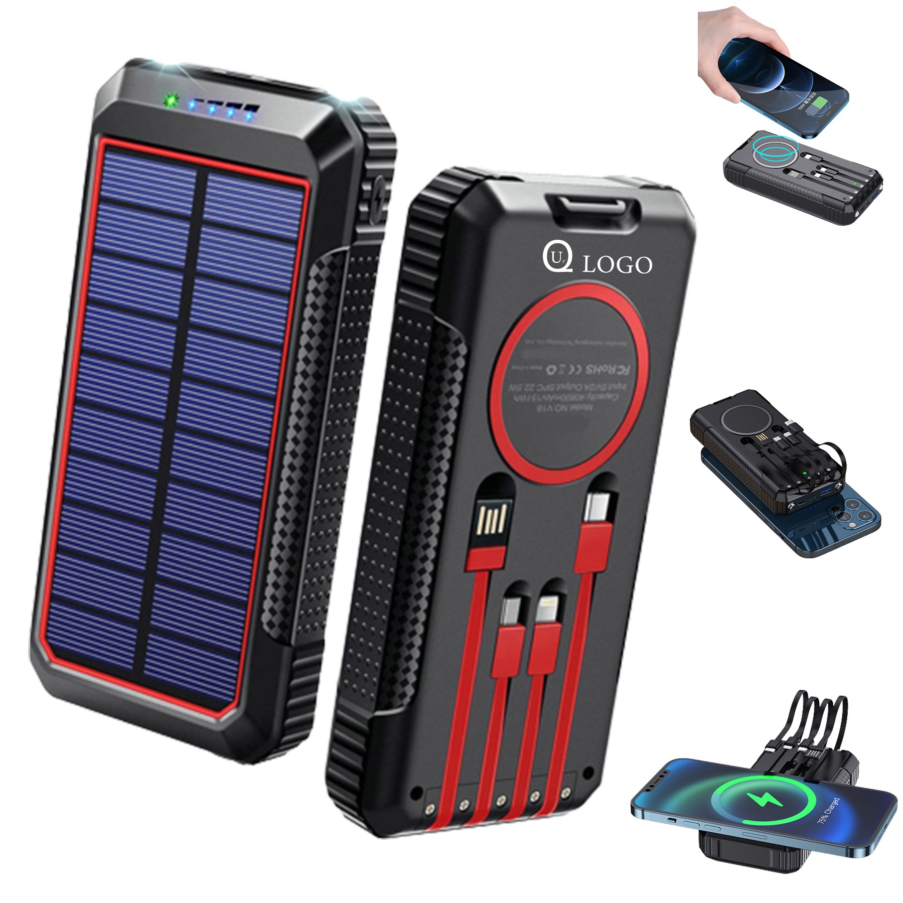 24000Mah Wireless Solar Power Bank Flashlight W/4 Cables