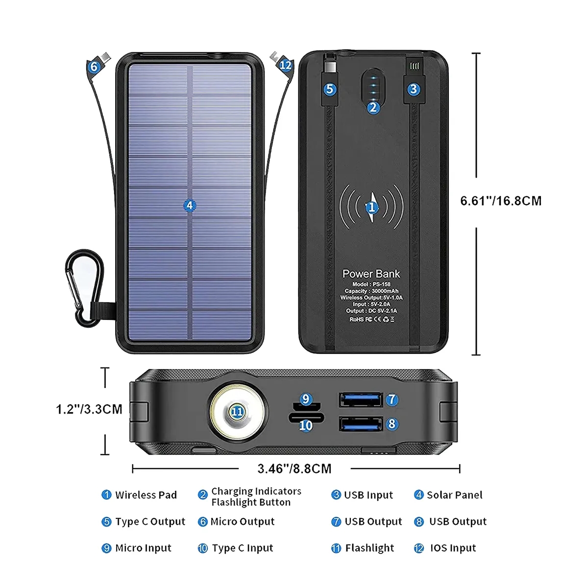 20,000 mAh Solar Wireless Charging Bank With Flashlight 4