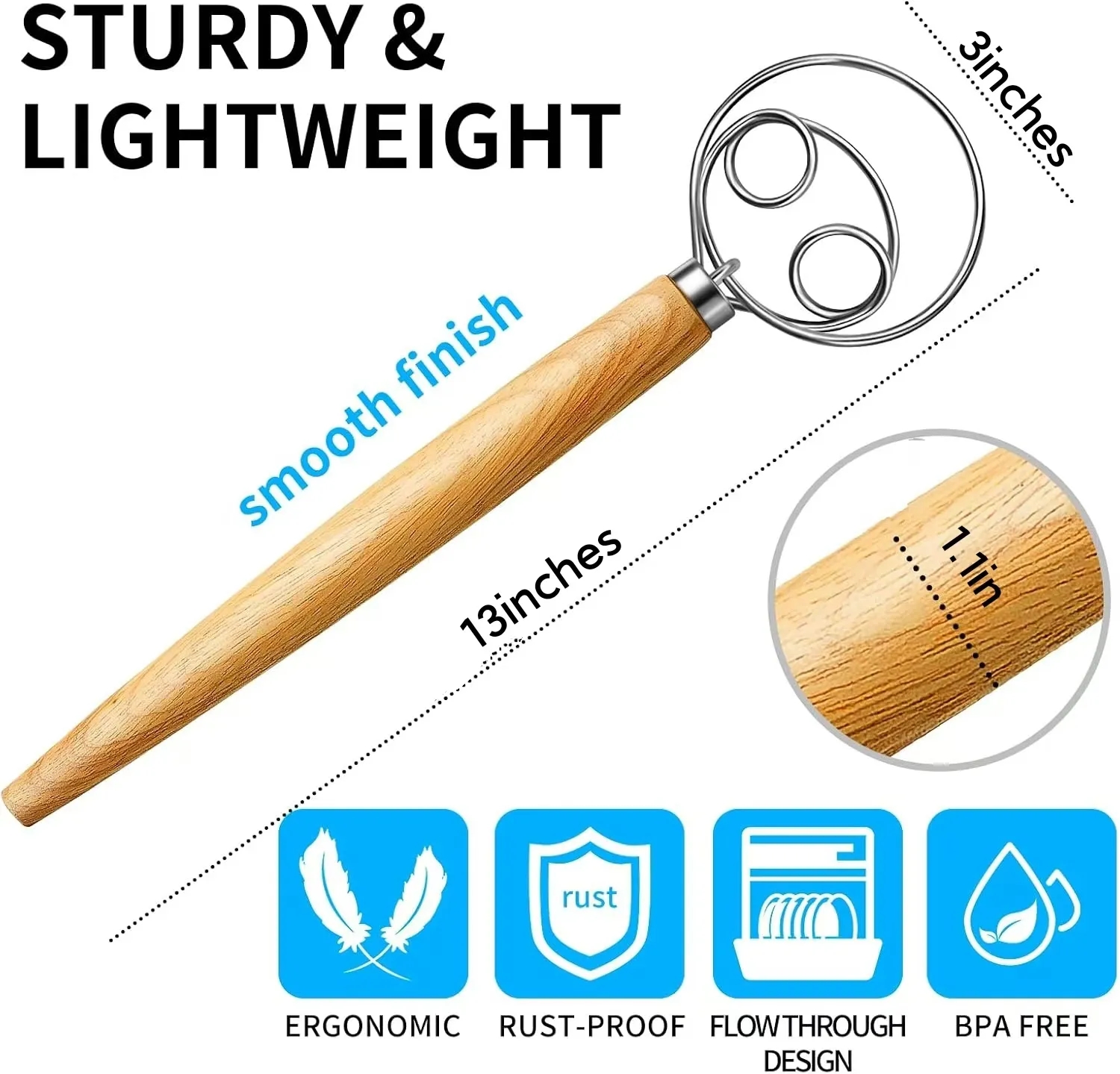 Wooden Handle Bread Dough Whisk 5