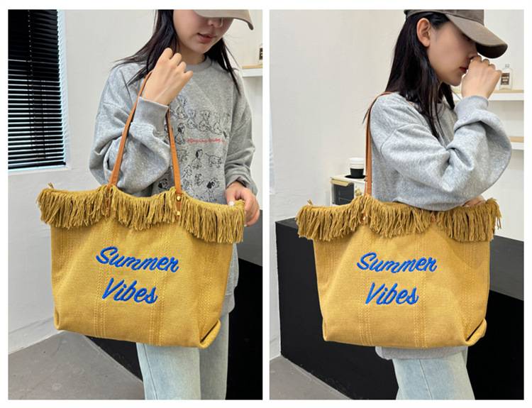 Women Large Beach Canvas Tote Bag Summer Vibes Tassel 5
