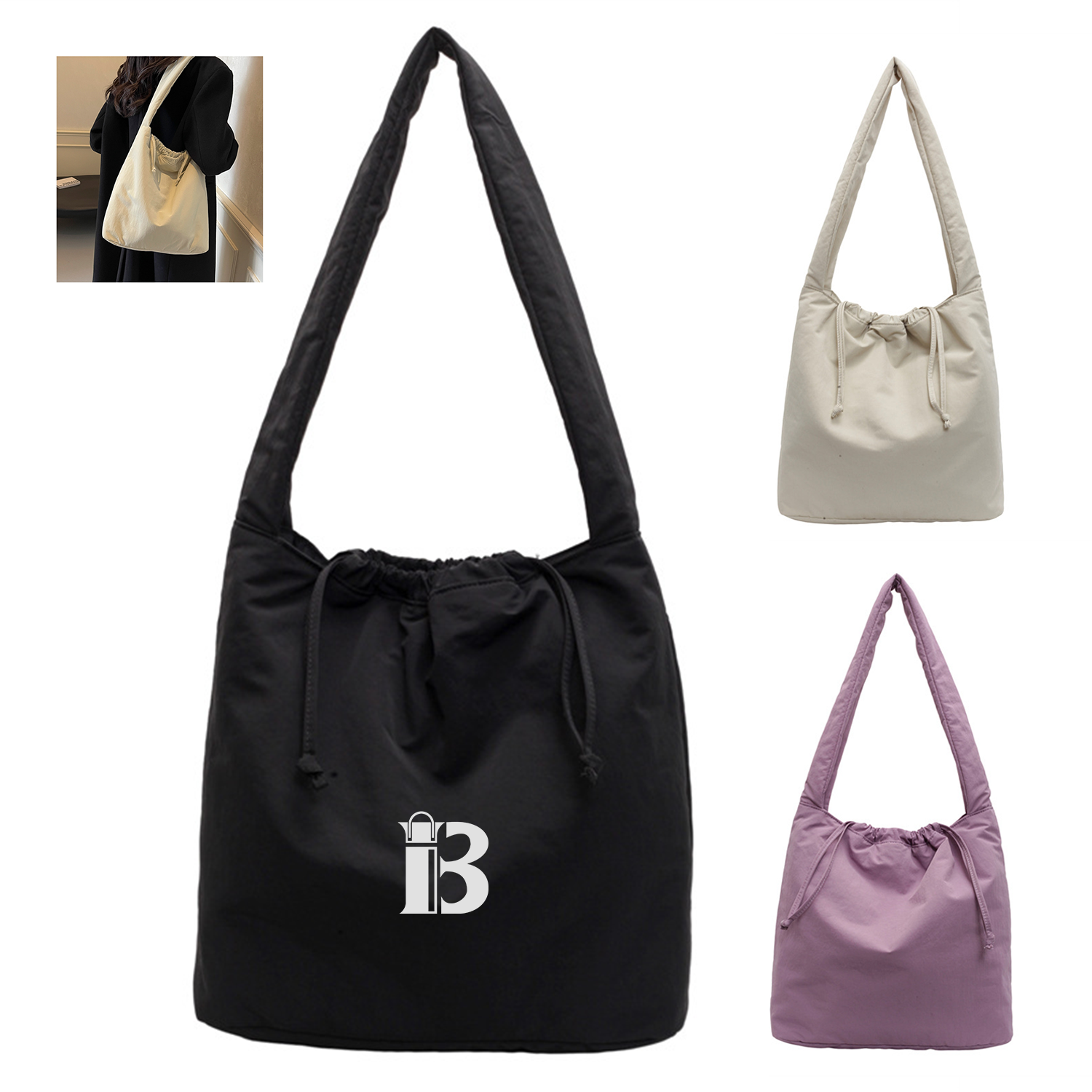 Lightweight Nylon Drawstring Shoulder Tote Bag 18