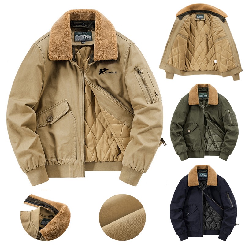 Men's Winter Bomber Jacket Oversized Fleece Outerwear with Zipper Closure and Patches 2