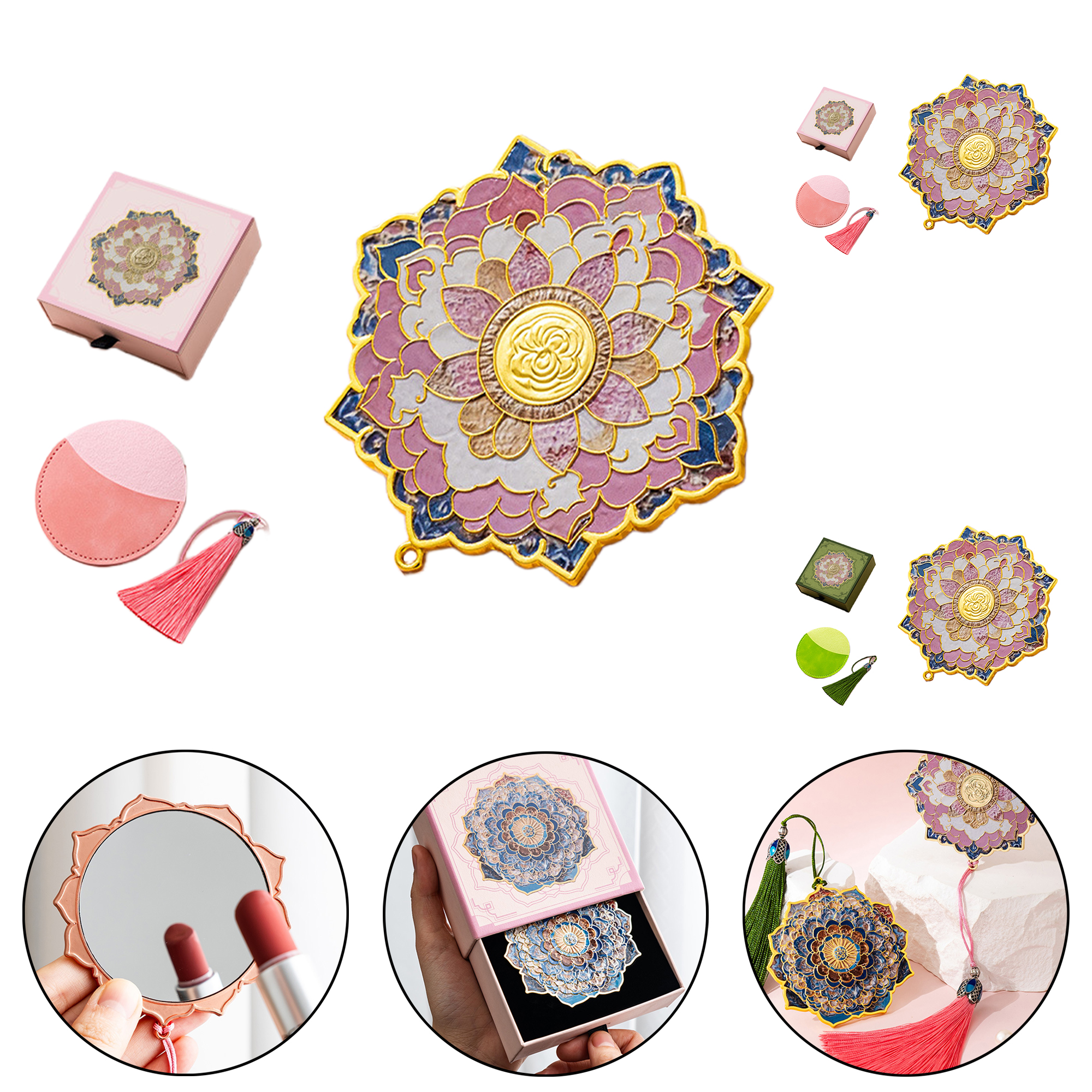 Pink Gold Floral Portable Mirror with Tassel 2