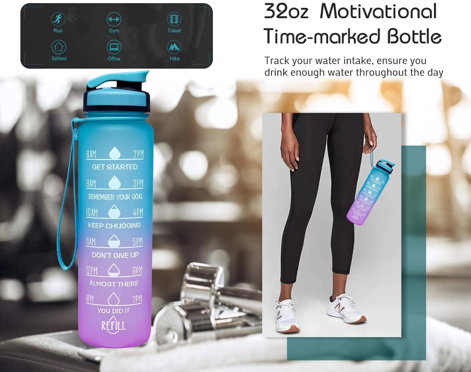 32oz Motivational Fitness Sports Water Bottle with Time Mark 4