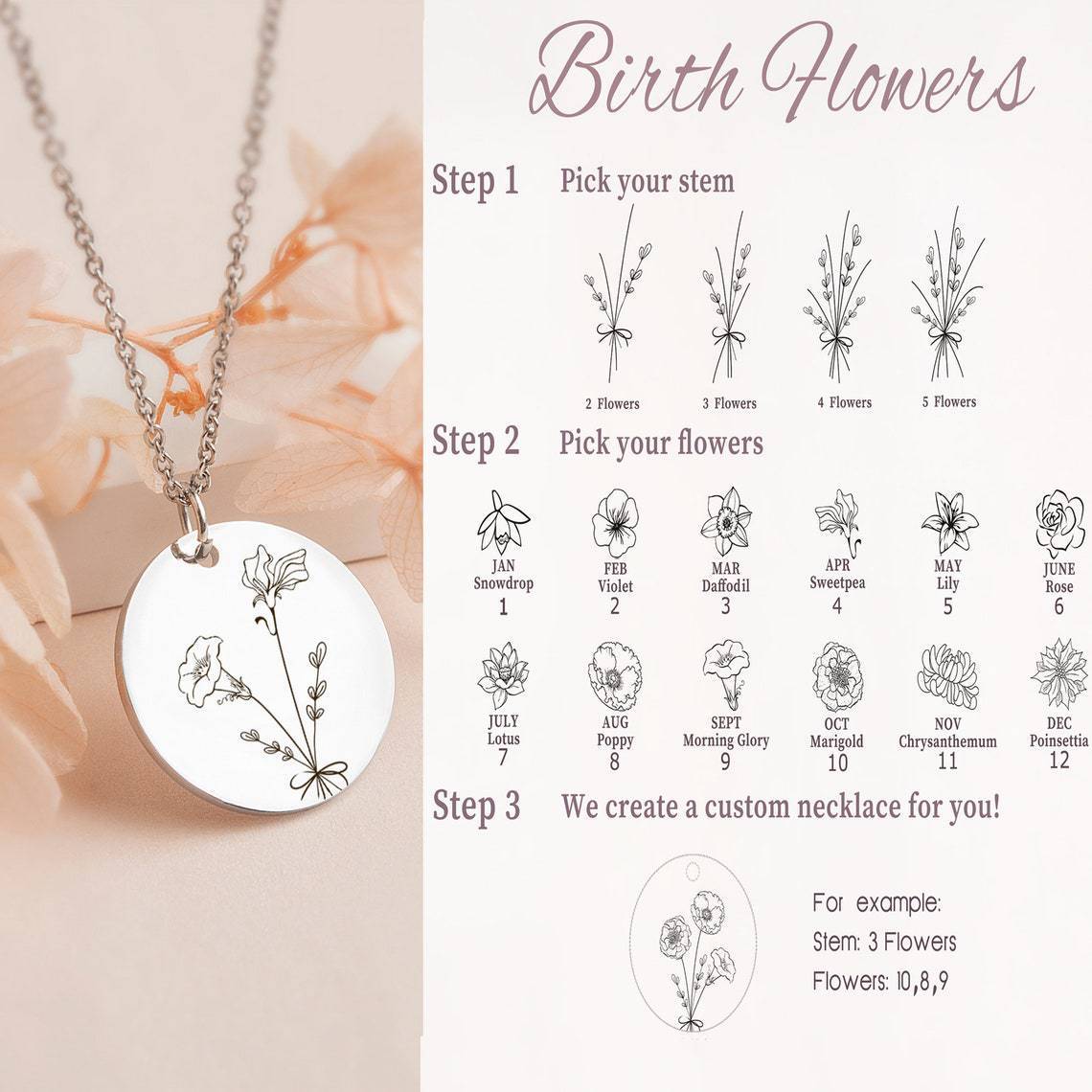 Custom Birth Month Flower Necklace W/ Floral Coin 7