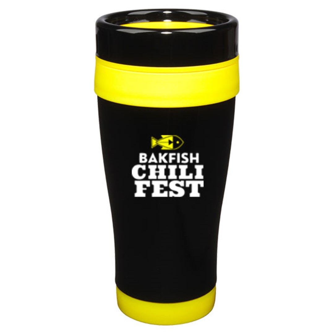 14 oz Formula Seven Stainless Steel Travel Mug with Black Lid And Yellow Accents
