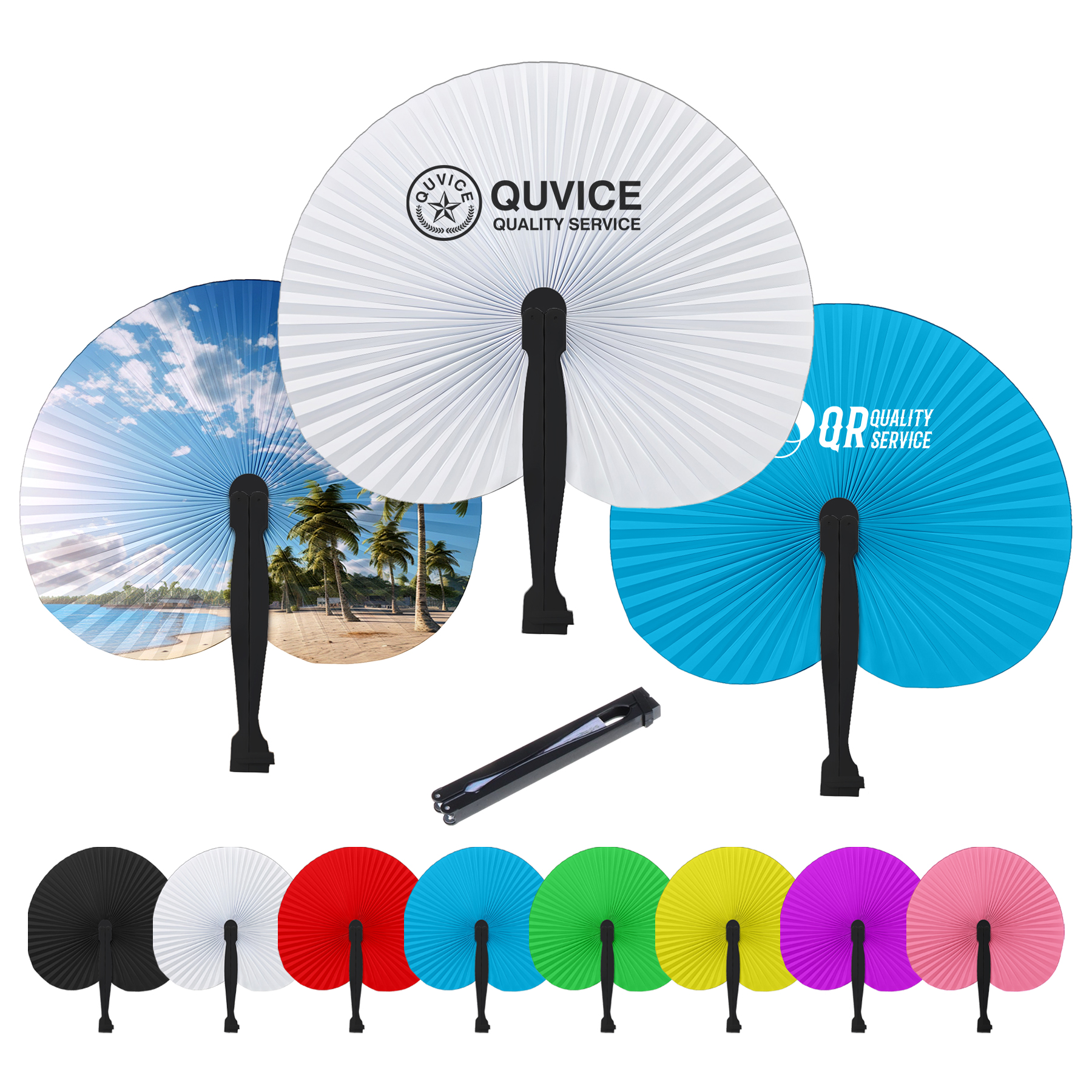 Custom Disposable Full Color Round Folding Hand Paper Fan With Plastic Handle 3