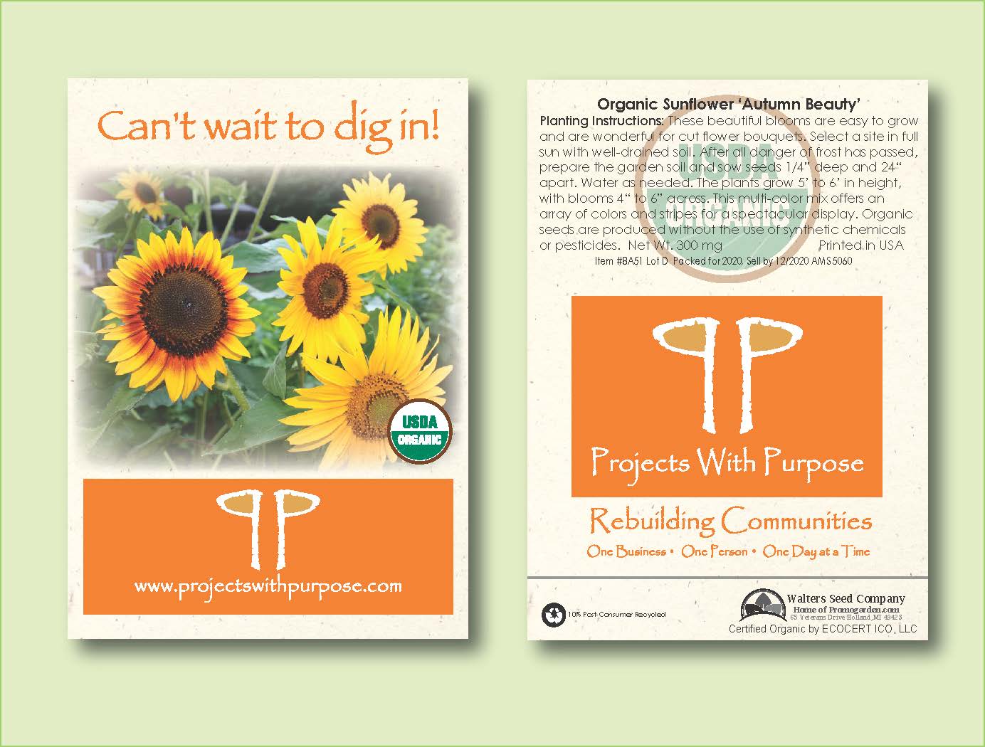 Organic Sunflower Autumn Beauty Seed Packet -Standard Size 3.25" x 4.5" 2