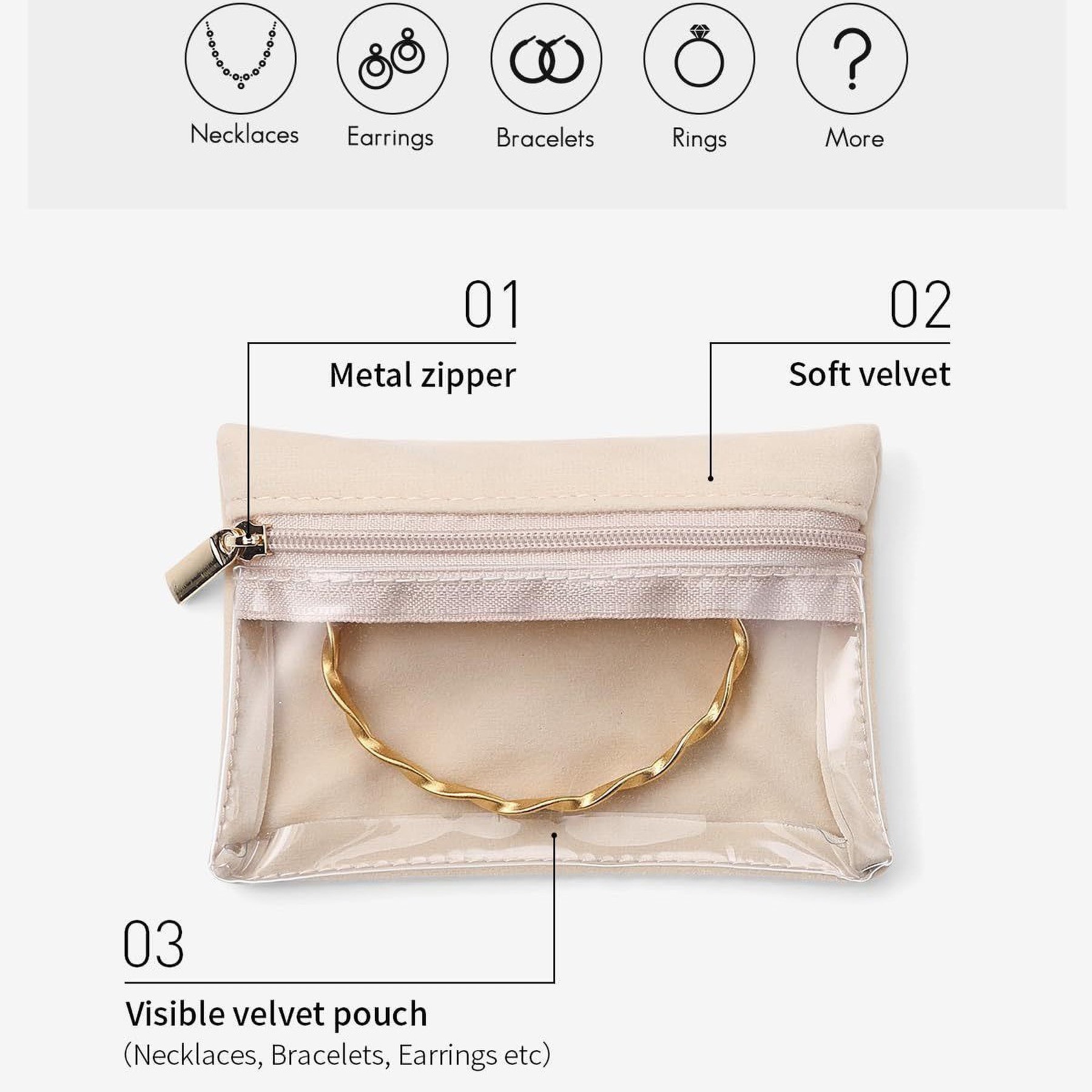 Clear Velvet Zipper Pockets Jewelry Storage Bag 3