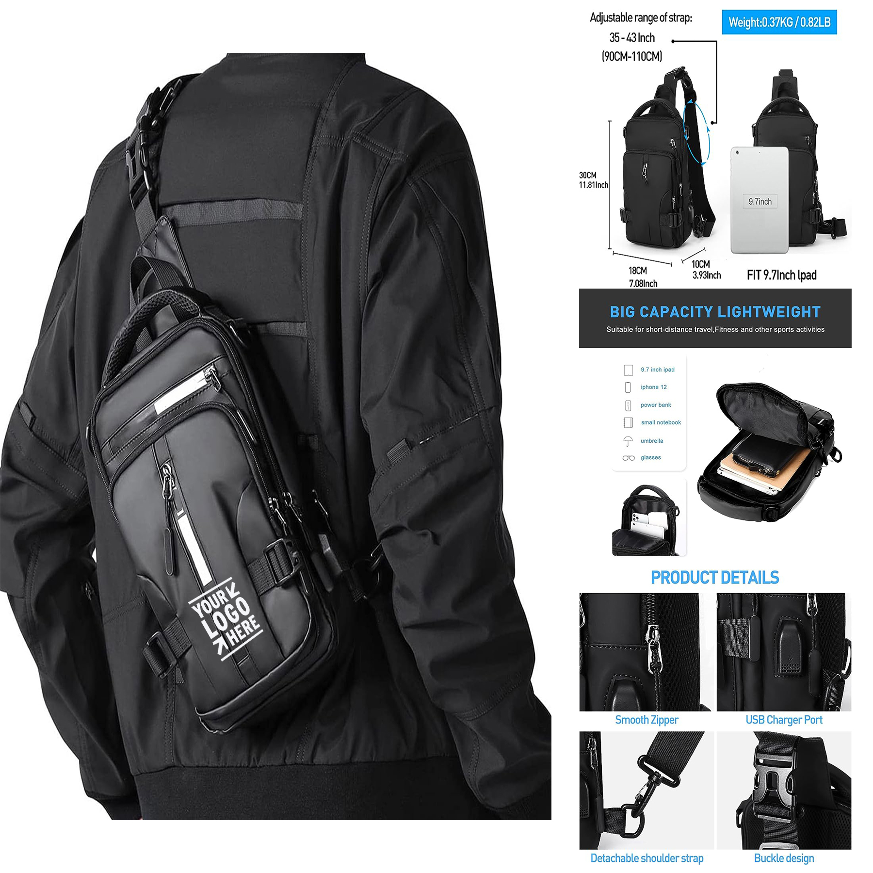 Men Anti Theft Sling Crossbody Backpack Shoulder One Strap Motorcycle Bag With USB Charger Port 2