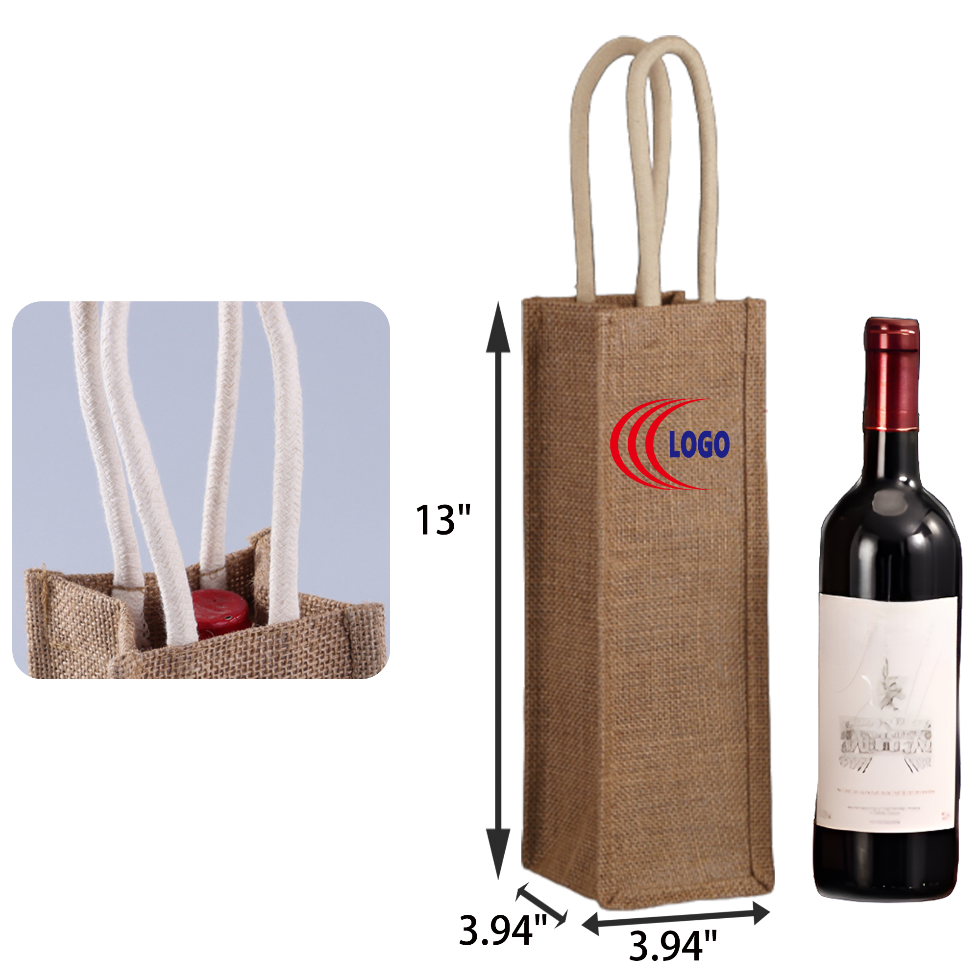 MOQ 50 PCS Eco Friendly Single Bottle Jute Wine Tote Bag, custom tote bag with logo imprint 2