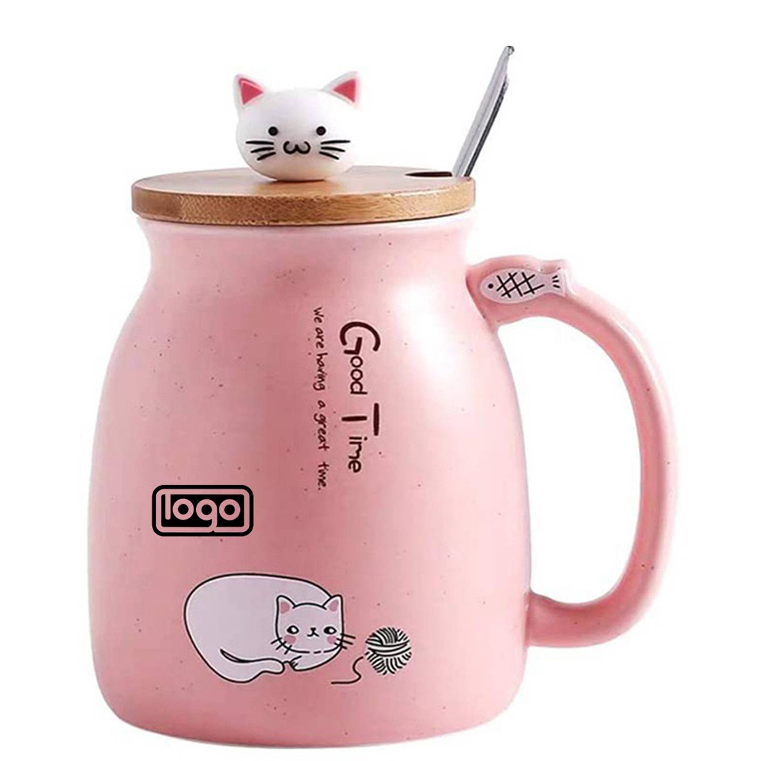 15oz Wooden Lid Cat Ceramic Mug w/ Spoon 8