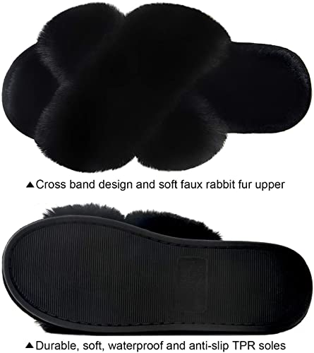 Women's Cross Band Slippers Soft Plush Furry Cozy Open Toe House Shoes 5