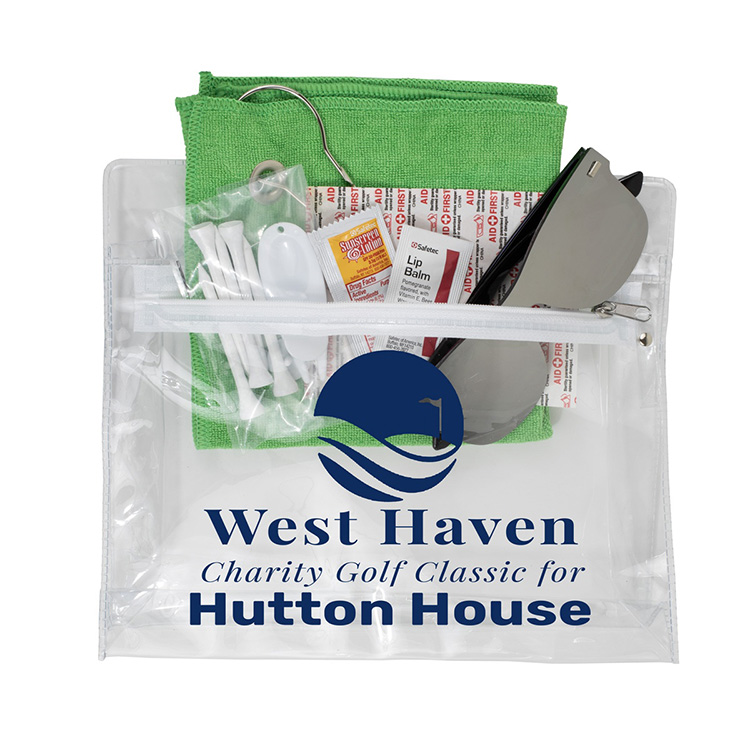 "LAYOVER" 16 Piece Golf Kit in Travel Pack with Components inserted into Zipper Kit 6