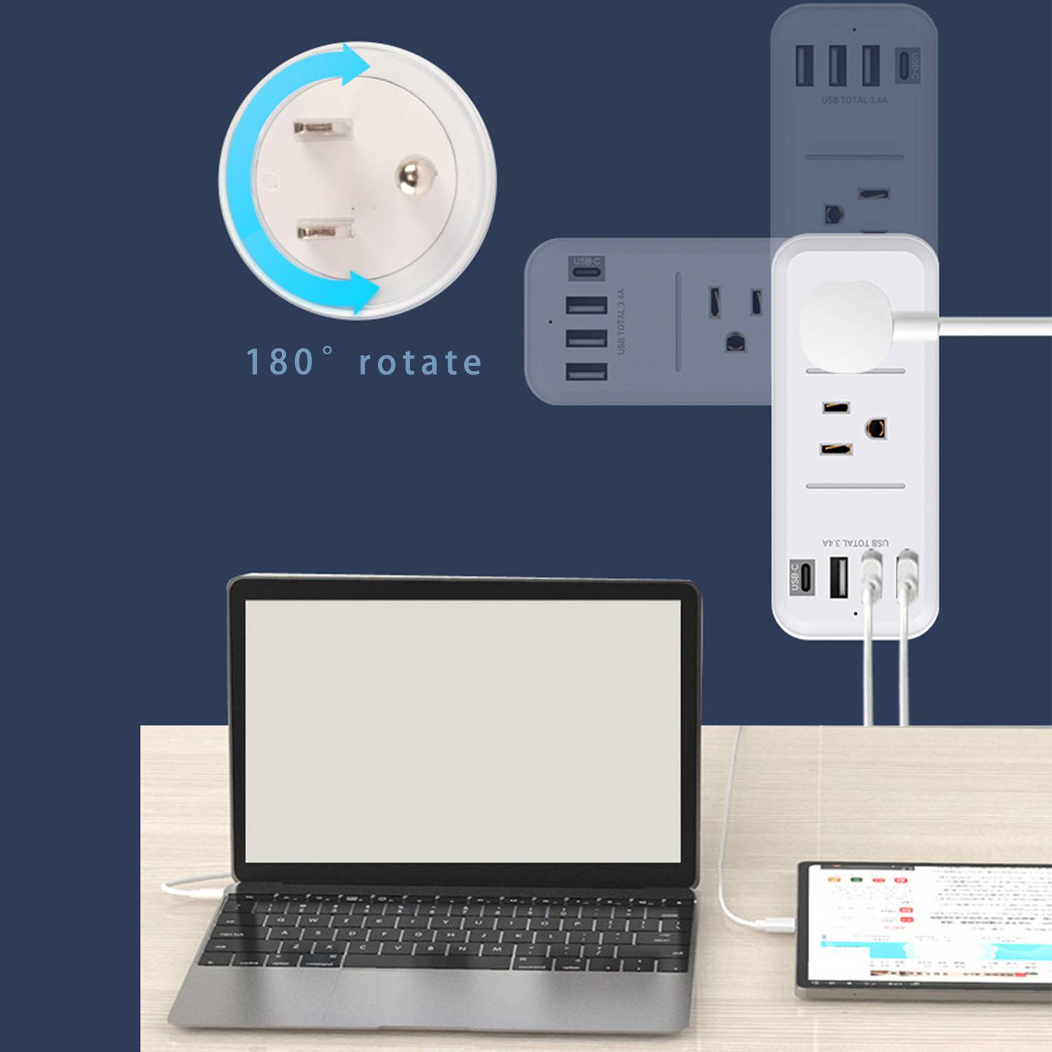 Rotatable USB Multi Plug Outlet Extender Socket Patch Board 4