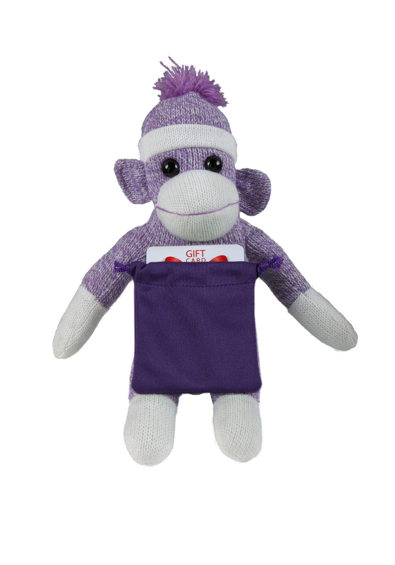 soft plush Purple Sock Monkey with gift card sack