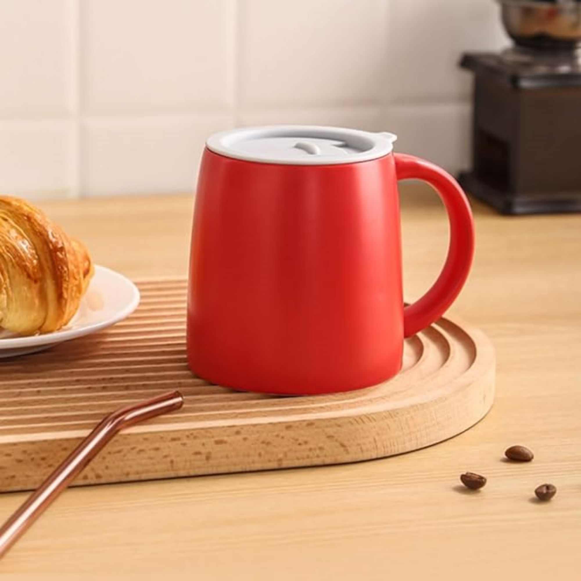 13.5 oz Round Simple Ceramic Mug with Lid and Straw 3
