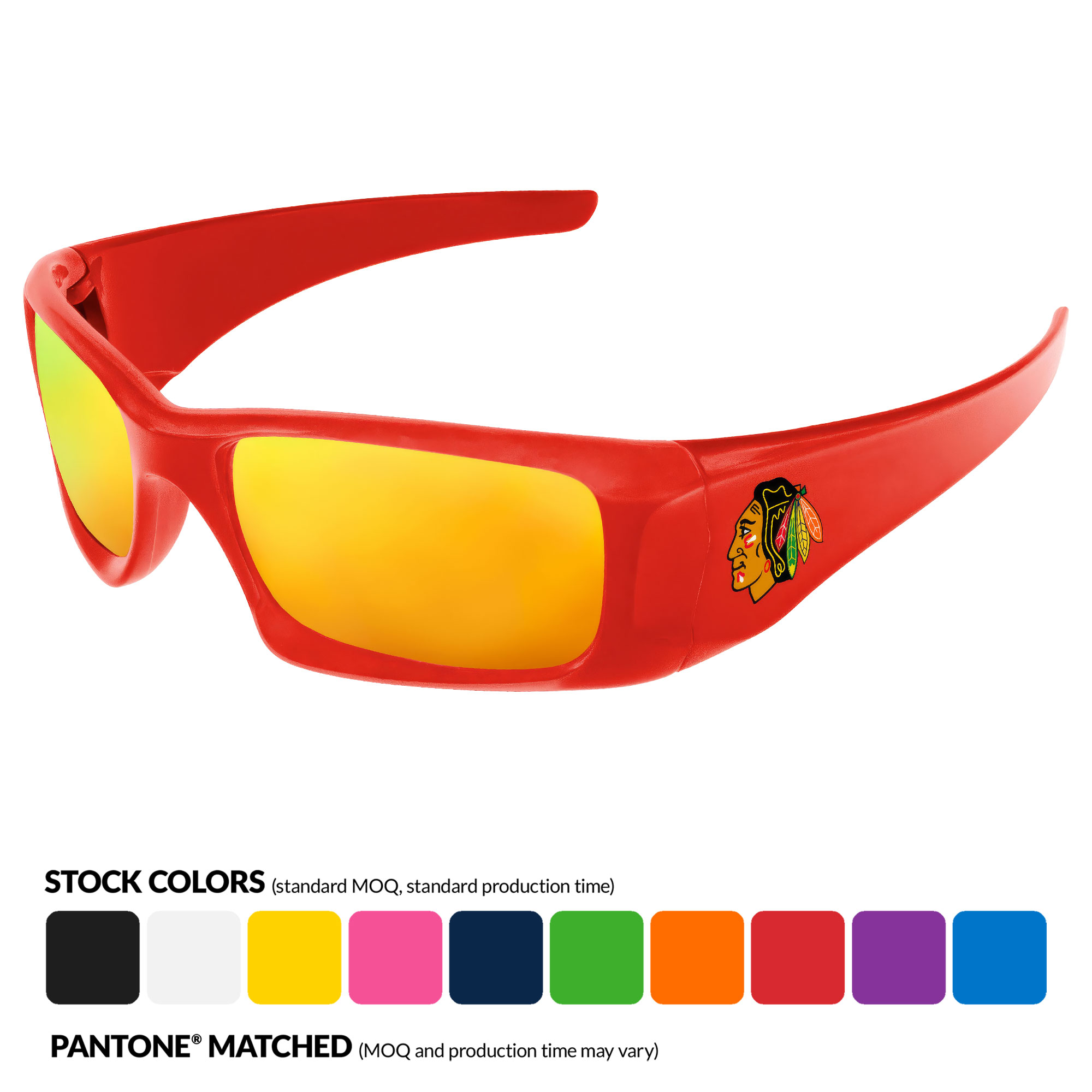 Wrap Mirror Sunglasses w/ Multi-Color Temple Imprint 14