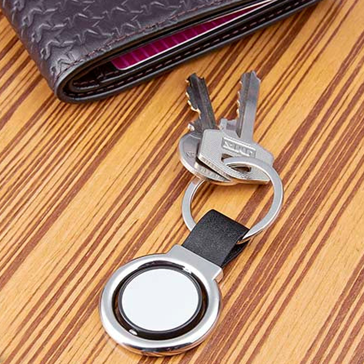 Round Metal Keychain with Leather Strap 3
