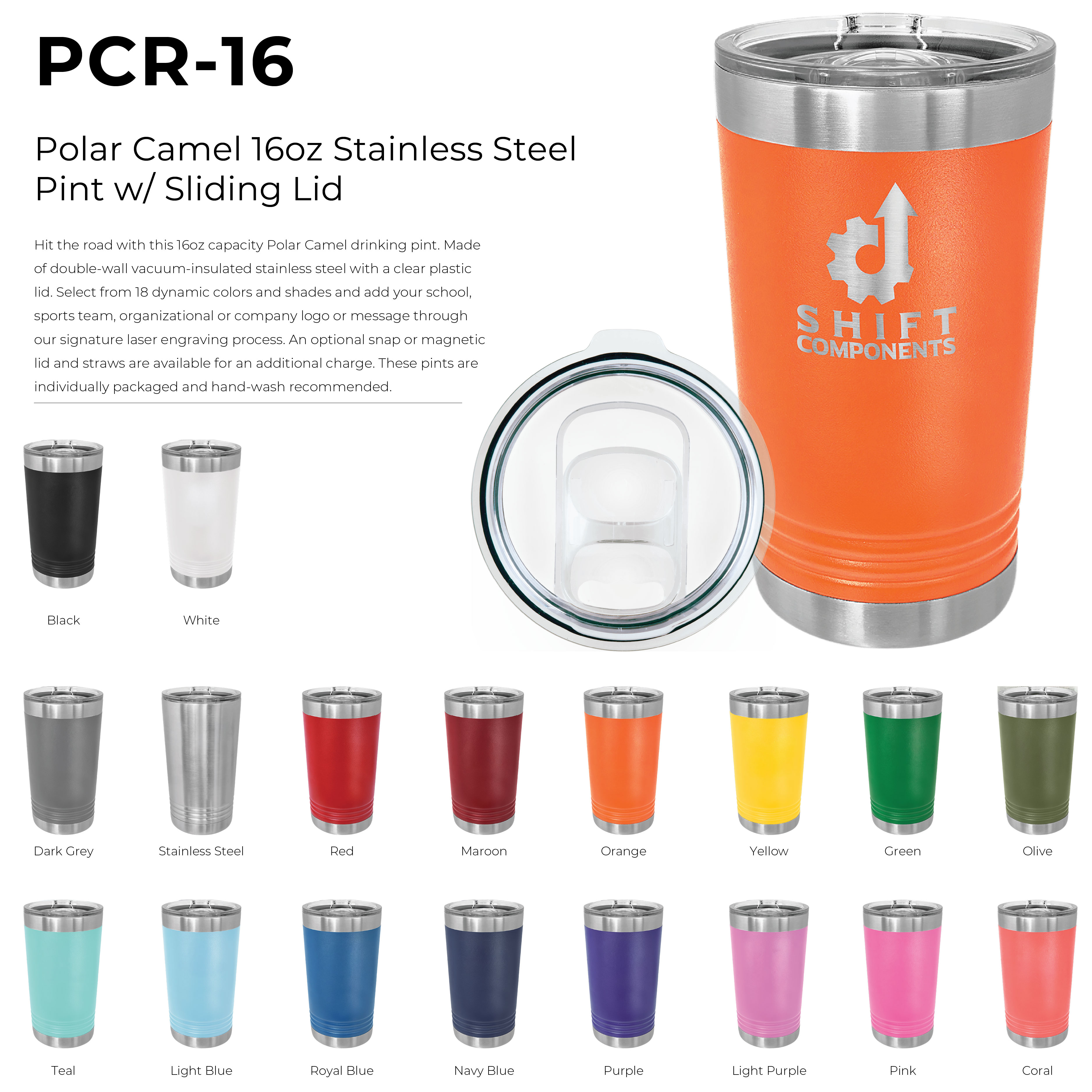 Polar Camel 16oz Stainless Steel Pint w/ Sliding Lid 9