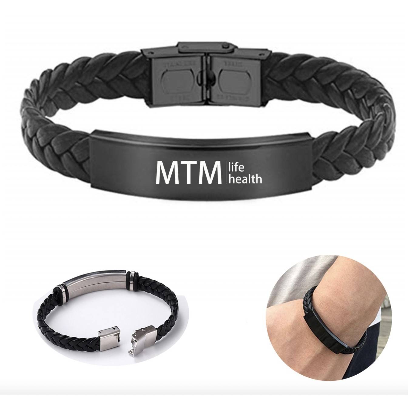 Men's Black Leather Bracelet Personalized Gift