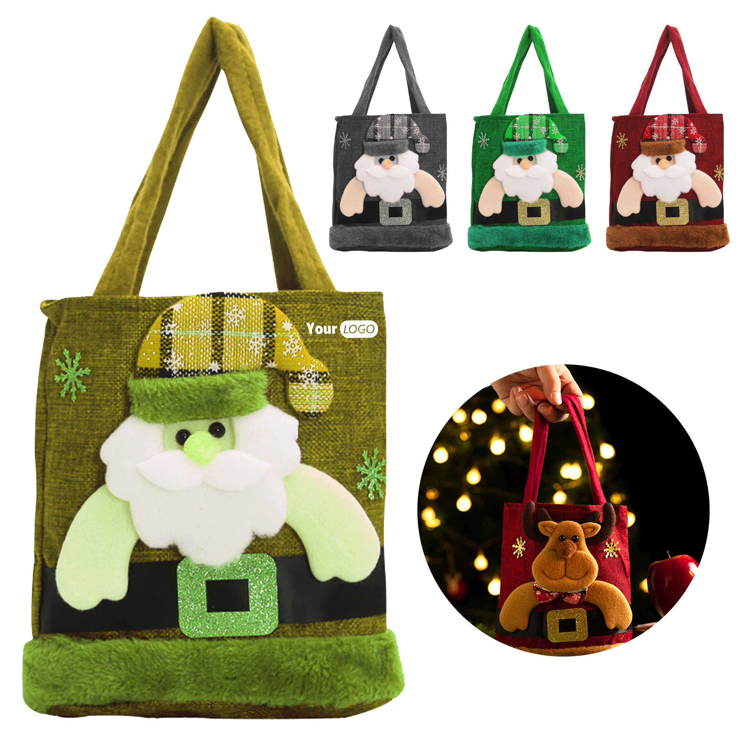 Jute Santa Claus Christmas Gift Bag For Holiday Decorations, custom tote bag with logo imprint 3