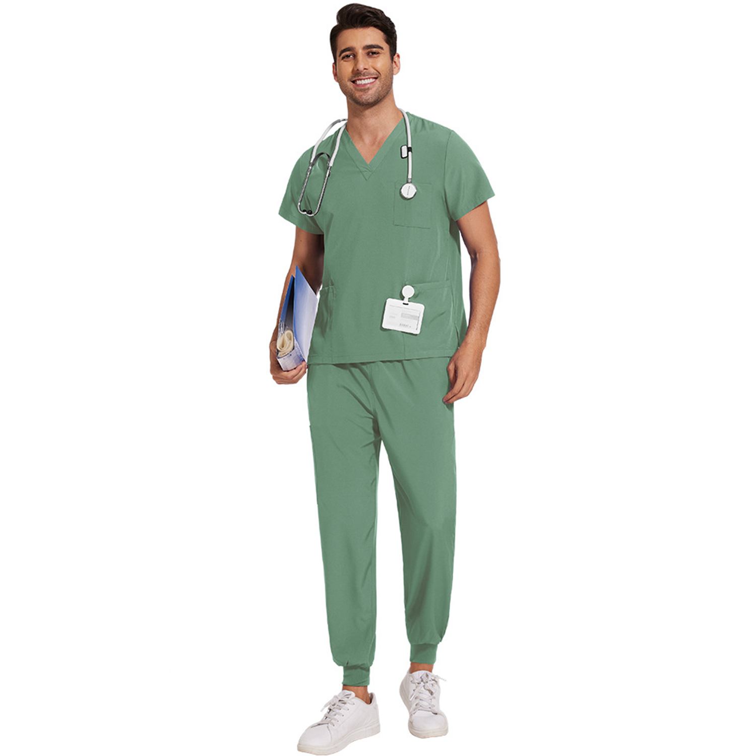 Classic Lightweight Tuck-In V-Neck Scrubs Set w/ Pockets 7