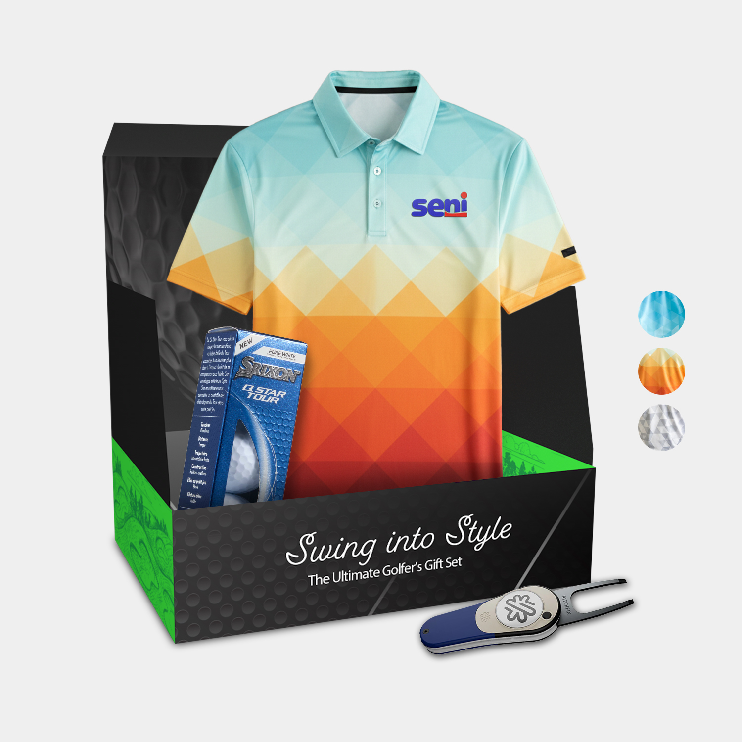YATTA Golf® Abstract Men's Polo Shirt, Srixon® Golf Balls & Pitchfix® Icon Divot Tool Gift Set 2