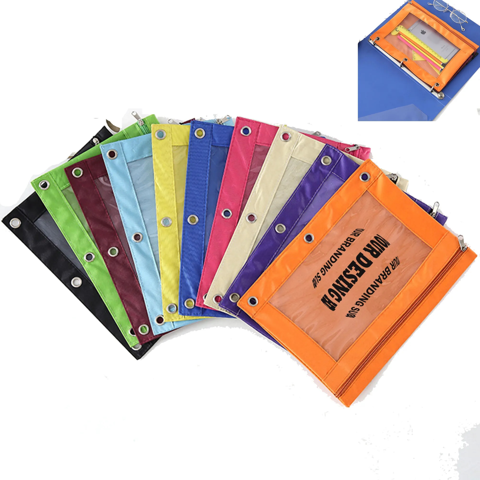 Zippered Binder Pencil Pouch with Rivet Enforced Hole